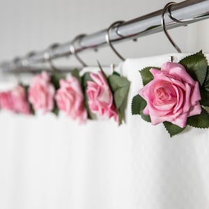 Pink Rose Shower Curtain Hook Accessories: Faux Floral Bathroom Decor