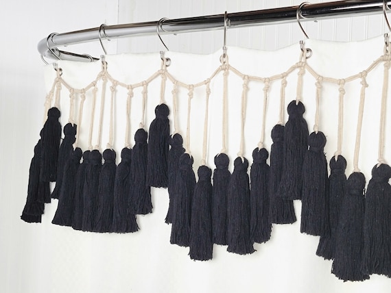 Black Handmade Macrame Boho Chic Midcentury Theme Shower Curtain