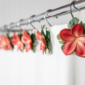 Red Plumeria Shower Curtain Hook Accessories: Hawaiian Bathroom Decor