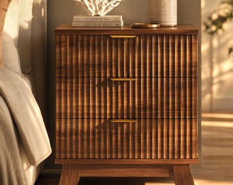 Nightstand with 3 Drawers, Mid Century Modern Bedside Table, Wooden End Table, Small Dresser Storage Cabinet for Bedroom