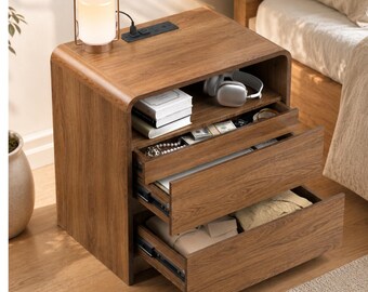 Nightstand with Charging Station, Walnut Bedside Table, Hidden Drawer Night Stand, Mid Century Modern Wood Side Table
