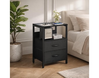 Bedside Table with Charging Station, Small Nightstand with USB Ports, Fabric Drawers, Rustic End Table for Small Spaces