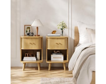 Mid Century Modern Nightstand Set of 2 Walnut Bedside Table with Charging Station Fluted Sliding Door End Table Storage