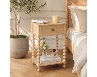 Night Stand Small Farmhouse Bedside Table with Drawer, Walnut End Table with Shelf, Wood Side Table for Bedroom Living Room