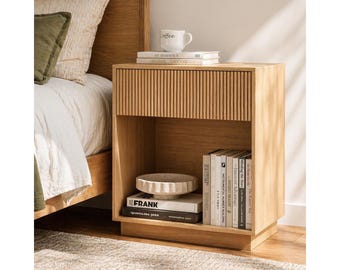 Nightstand Set of 2 with Charging Station, Modern Wood Bedside Table with Drawer & Shelf, Mid Century End Table for Bedroom