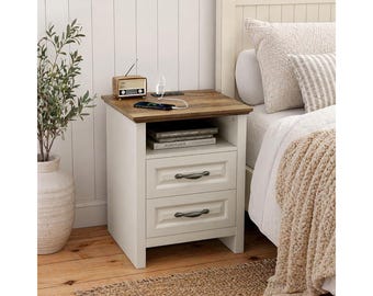 Farmhouse Nightstand with Charging Station, Rustic Bedside Table with Drawers, USB & Type-C End Table, White Brown