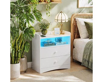 Modern Nightstand with Charging Station, LED Bedside Table with USB Ports, Small Wood Night Stand with Drawers for Bedroom