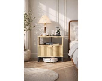 Nightstand with Charging Station, Modern Wood Bedside Table with Drawer & Shelf, USB Port End Table, Mid Century Bedroom Furniture