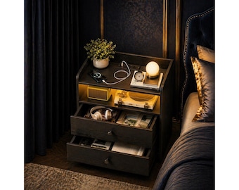 Modern Nightstand with Charging Station, LED Bedside Table with USB Ports, Small Wood Night Stand with Drawers for Bedroom