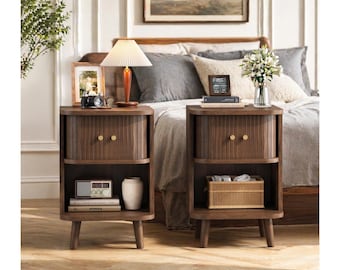 Mid Century Modern Nightstand Set of 2 Walnut Bedside Table with Charging Station Fluted Sliding Door End Table Storage
