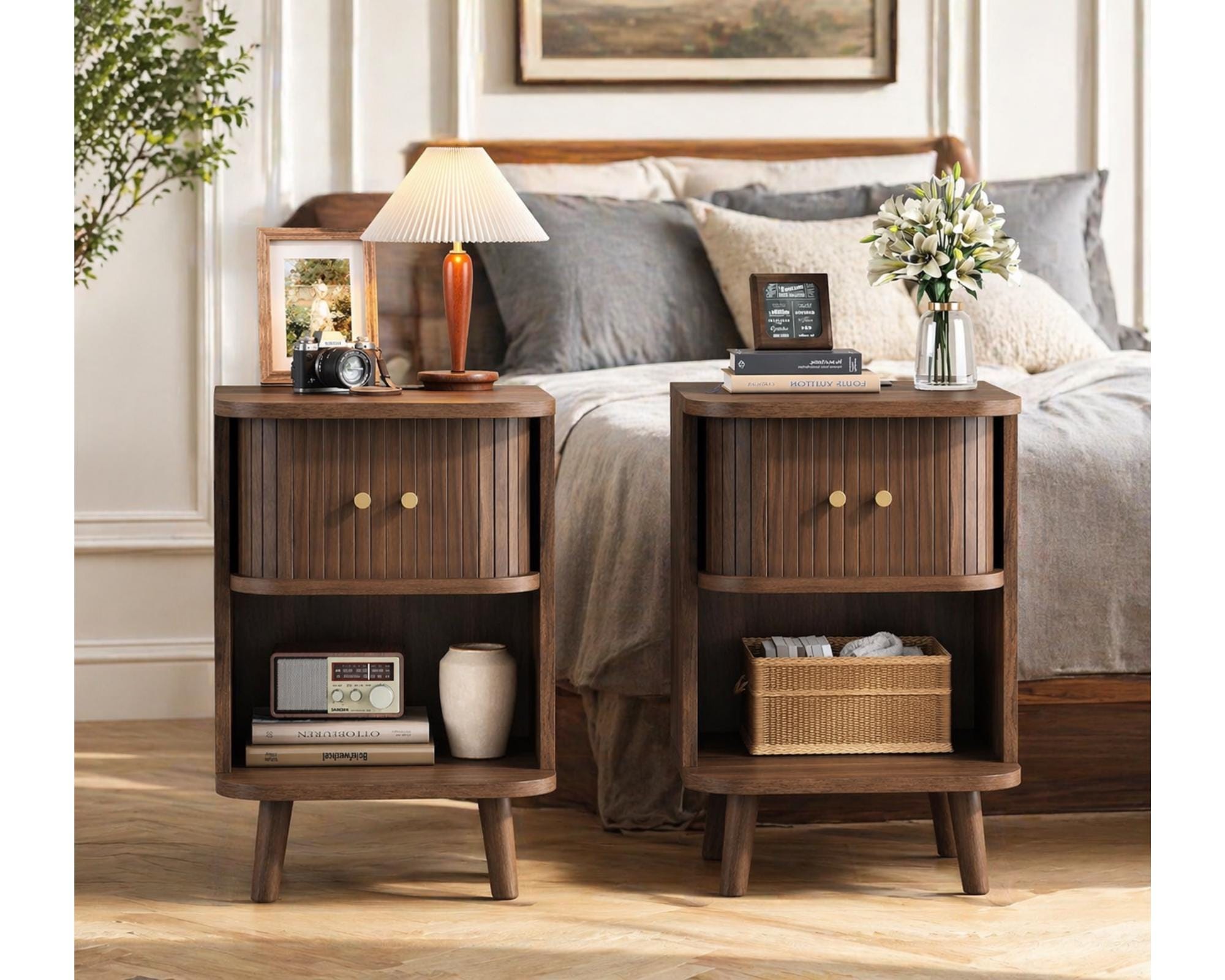 Mid Century Modern Nightstand Set of 2 Walnut Bedside Table With ...