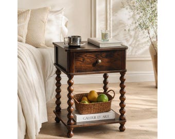 Night Stand Small Farmhouse Bedside Table with Drawer, Walnut End Table with Shelf, Wood Side Table for Bedroom Living Room