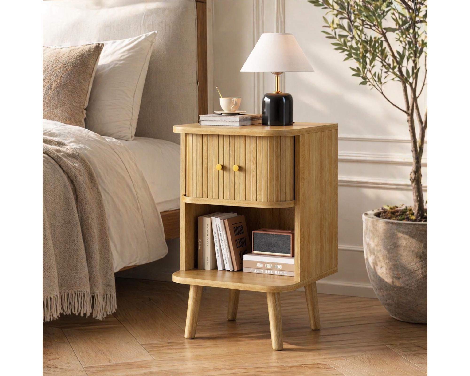 Mid Century Modern Nightstand Set of 2 Walnut Bedside Table With ...