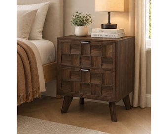 Night Stand Walnut Wood Mid Century Modern Bedside Table with 2 Drawers and 1 Drawers Fluted Nightstand End Table with Open Shelf