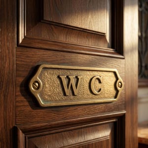 Könnte beinhalten: Ein rechteckiges Messingschild mit strukturierter Oberfläche und den erhabenen Buchstaben WC, befestigt mit zwei Schrauben an einer dunkelbraunen Holztür mit sichtbarer Maserung. Das Metallschild hat abgeschrägte Kanten und Goldton.