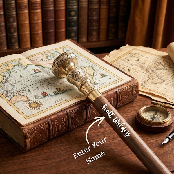 Handcrafted Wooden Cane with Personalized Brass Animal Head Handle – Victorian Walking Stick