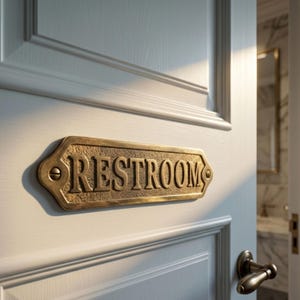 Könnte beinhalten: Ein rechteckiges, messingfarbenes Metallschild mit abgeschrägten Kanten und strukturiertem Hintergrund, das das Wort RESTROOM in erhabenen Großbuchstaben zeigt. Das Schild ist mit zwei sichtbaren Schrauben an einer weißen Kassettentür befestigt.