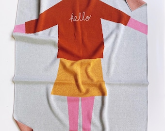 Hello Girl baby Blanket - colorful kids throw, fun knit blanket for kids room, newborn gift, playroom decor, cozy gift idea