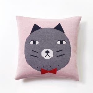 Knit Cat Pillow Cover: Pink Kids Room Decor, 20&quot; x 20&quot;