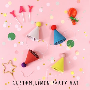 Custom Linen Party Hat with Wool Pom Pom: Kids, Baby, Adult, Pet