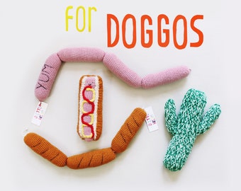 Fun handmade dog toys - crochet knit merino wool - gift for pet parent, dog person - hot dog, sausage, salami, grilled links, cactus