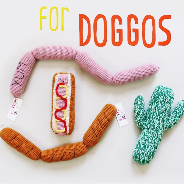 Fun handmade dog toys - crochet knit merino wool - gift for pet parent, dog person - hot dog, sausage, salami, grilled links, cactus