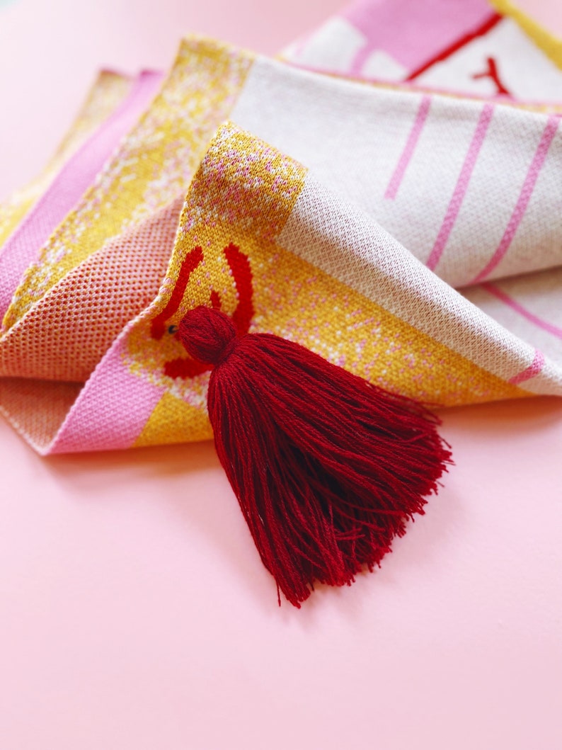 May include: A pink, yellow, and white woven blanket with a red tassel. The blanket has a geometric pattern.