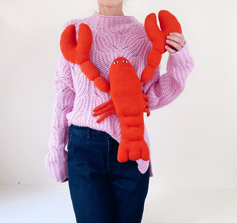 Louis the Lobster soft toy handmade stuffed animal knit lambswool plush merino wool fun decor red unique gifts image 5