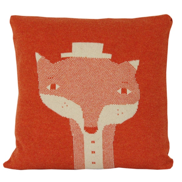 Decorative Pillow - Mr.Fox - soft knitted pillow - orange, ecru, 18x18, includes insert