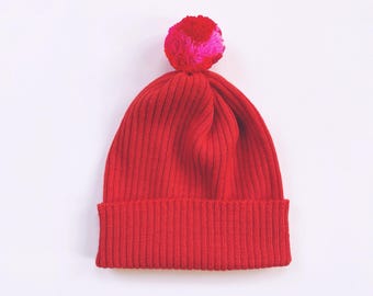 Basic Rib Knit Beanie - 100% Merino wool, red