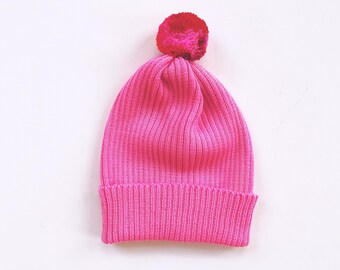 Colorful Wooly Basic Rib Knit Beanie - 100% Merino, neon pink