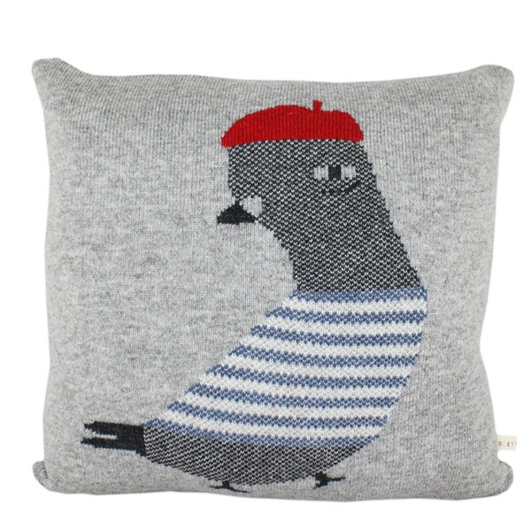 Decorative Pillow - Pierre the Pigeon - soft knitted pillow - grey, 18x18, includes insert