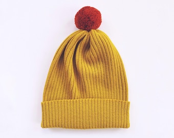 Colorful Wooly Basic Rib Knit Beanie - 100% Merino, mustard yellow