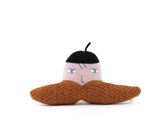 Mustached Morton soft toy - handmade stuffed doll - knit plush toy - lambswool - unique gifts - gifts for boys - mustache decor