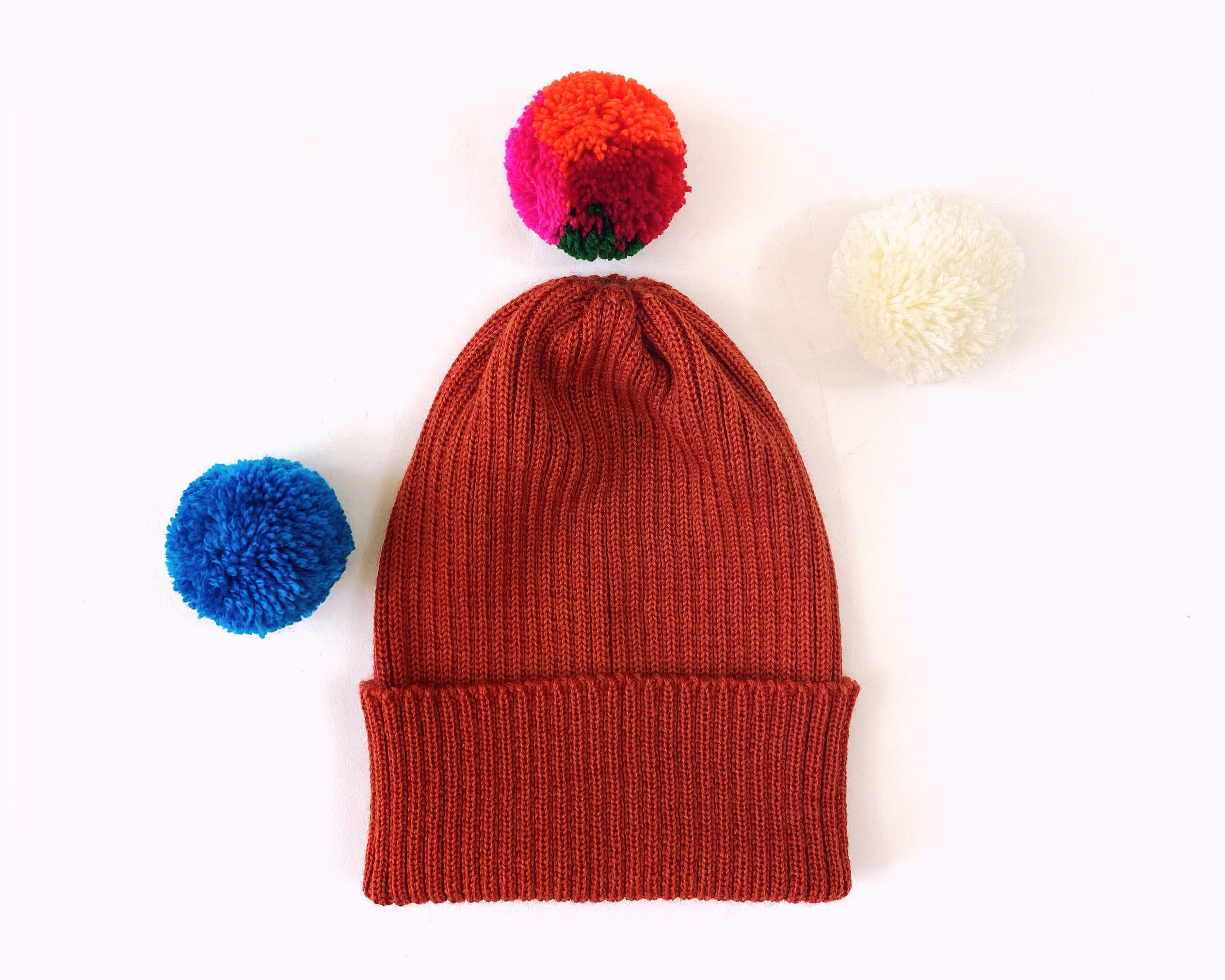 pom Ribbed Beanie Hat Merino Wool 