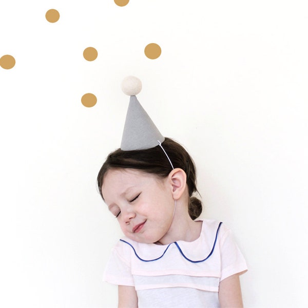 Birthday Party Hat - linen party hat in grey, baby party hat, pom pom hat