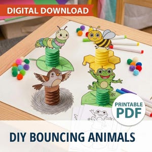 Pode incluir: Um kit de artesanato de animais saltitantes com lagarta, abelha, pássaro e sapo de papel em molas de papel dobradas em acordeão. Inclui pompons coloridos, marcadores e modelos. Texto: DIGITAL DOWNLOAD, PRINTABLE PDF, DIY BOUNCING ANIMALS.