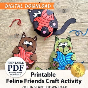 3D Paper Cat Craft, Yarn-Hugging Feline Template, Fine Motor Skill Activity (Digital PDF)