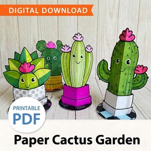 Peut inclure: Quatre figurines de cactus en papier avec des visages souriants et des fleurs roses, incluant une succulente dans un pot à pois gris, un cactus rond dans un pot jaune et deux grands cactus dans des pots magenta et blanc. Texte DIGITAL DOWNLOAD PRINTABLE PDF.
