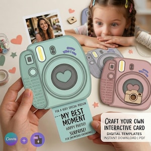 May include: A person holds a teal interactive card shaped like a camera, with a photo inserted. The card reads "My Best Moment" and "Happy Photo! Surprise!" Other cards in pink and gray are visible. The text "Craft Your Own Interactive Card" is also present.