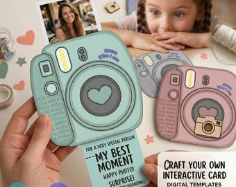 Modèle de carte photo à tirer avec appareil photo interactif, activité de bricolage (téléchargement numérique), modèle canva