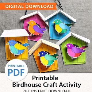 Kit para colorir casinha de passarinho 3D para imprimir, atividade de primavera para crianças (download em PDF)