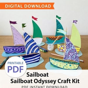 Puede incluir: Un kit de manualidades Sailboat Odyssey de descarga digital que incluye varios veleros de papel con patrones coloridos, como cachemir, rayas y lunares, presentados con mástiles de madera, velas de papel y lápices de colores.