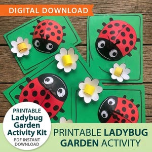 Puede incluir: Un kit de actividades de jardín de mariquitas imprimible con mariquitas rojas y negras con flores blancas y amarillas sobre fondos verdes. También se ve el texto "DESCARGA DIGITAL" y "ACTIVIDAD DE JARDÍN DE MARIQUITAS IMPRIMIBLE".