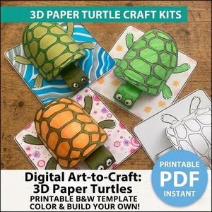 Könnte beinhalten: Vier farbenfrohe 3D-Schildkröten-Bastelsets aus Papier. Die Schildkröten haben grüne, orangefarbene und gelbe Panzer mit passenden grünen Köpfen und Gliedmaßen. Die Sets enthalten druckbare Vorlagen und Anleitungen. Der Text lautet "3D Paper Turtle Craft Kits".