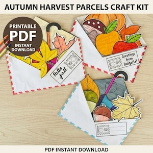May include: Three white envelopes with red and blue airmail borders containing paper cutouts of autumn leaves, pumpkins, mushrooms, acorns, and umbrellas. The envelopes feature printed stamps and text reading Hello fall and Greetings from Bulgaria.
