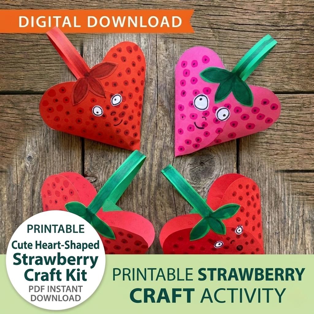 Printable Heart Strawberry Craft Kit, Kids DIY Paper Activity