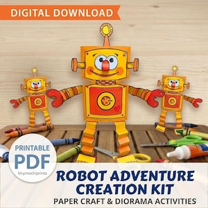 Może przedstawiać: Cyfrowy zestaw do tworzenia przygód z robotami w formacie PDF do druku, zawierający trzy papierowe roboty w kolorze żółtym i pomarańczowym z czerwonymi akcentami. Roboty mają duże oczy, uśmiechnięte twarze i nogi w stylu harmonijki. Tekst zawiera DIGITAL DOWNLOAD, PRINTABLE PDF oraz ROBOT ADVENTURE CREATION KIT PAPER CRAFT & DIORAMA ACTIVITIES.