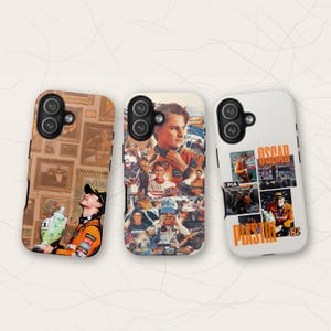 May include: Three phone cases with unique designs. One case features a collage of images, another showcases a portrait, and the third displays a collage with text. Each case has a black camera lens cutout.