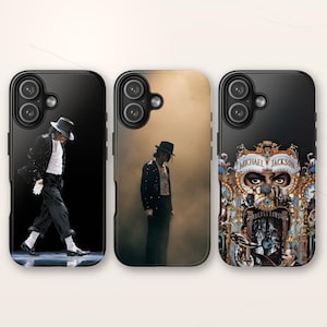 May include: Three black phone cases with images of Michael Jackson. One case shows Jackson in a black suit and hat, another in a black suit, and the third features the "Dangerous" album cover.